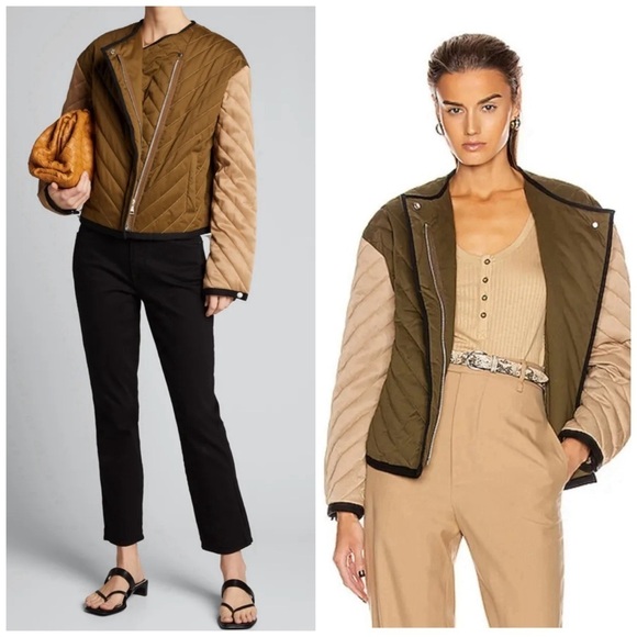Frame Quilted Colorblock Jacket in Cargo Green Tan Casual Cotton Khaki Winter - Picture 1 of 10